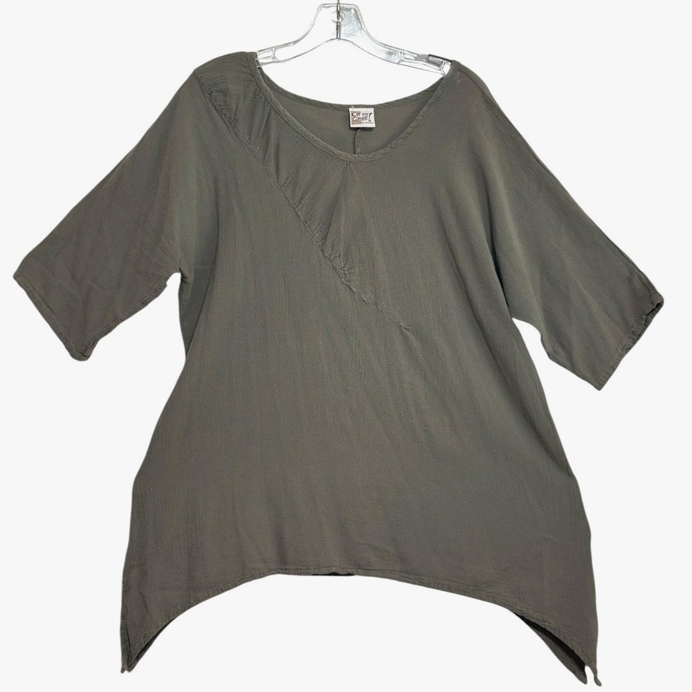 Oh My Gauze Tunic Womens Olive Green‎ Asymmetrical Sharkbite Hem Lagenlook 2